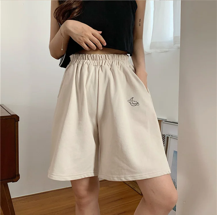 

Casual Loose Oversize Women Shorts Solid Embroidery Leisure Korean Style Elastic Sweatpants Pockets Wide Leg Short Pants
