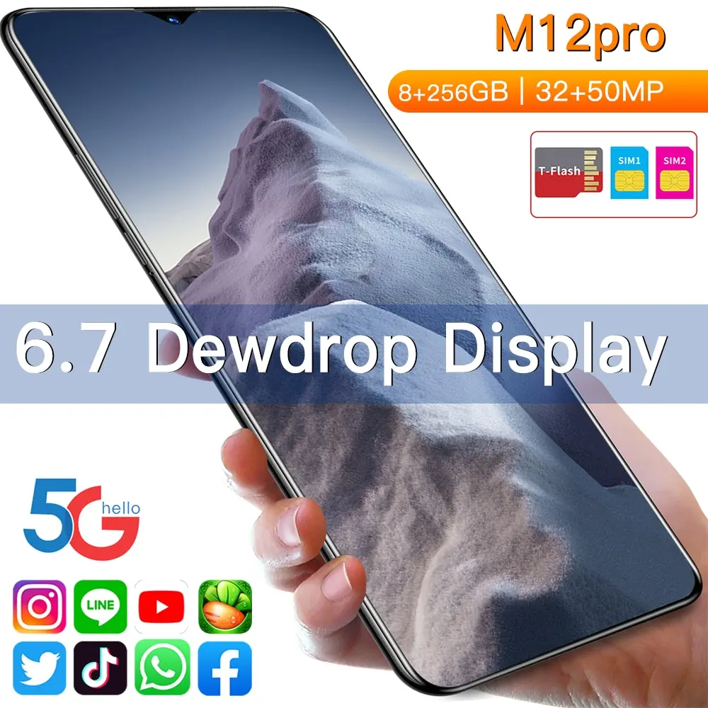 

M12 Pro 128/256gb 6.7 Inch 32 + 50mp 6800mah Andriod 11 Dual Sim Smartphones + Micro Sd Fingerprint Unlock Mobile Phone
