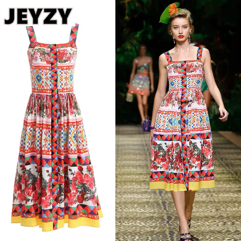 

Модельное дизайнерское платье Jeyzy, роскошное клетчатое платье миди с цветочным принтом, летние праздничные платья без рукавов на бретелях-с...