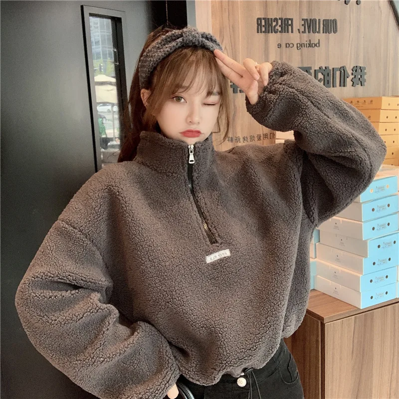 

ZOGAA Autumn Winter Hoodies Women New Imitation Lamb Velvet Short Plus Velvet Thick Hooded Sweatshirt Female Loose Jacket Tops