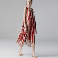 100 silk dress stripe print asymmetrical ruffles decoration sleeveless a line dress top grade fabric style summer new fashion
