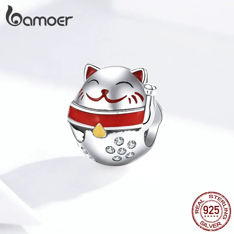 Bamoer 925 пробы Серебряный японский счастливый кот эмаль животное Шарм для женщин серебряный браслет со змеей 3 мм Ювелирные изделия SCC1374