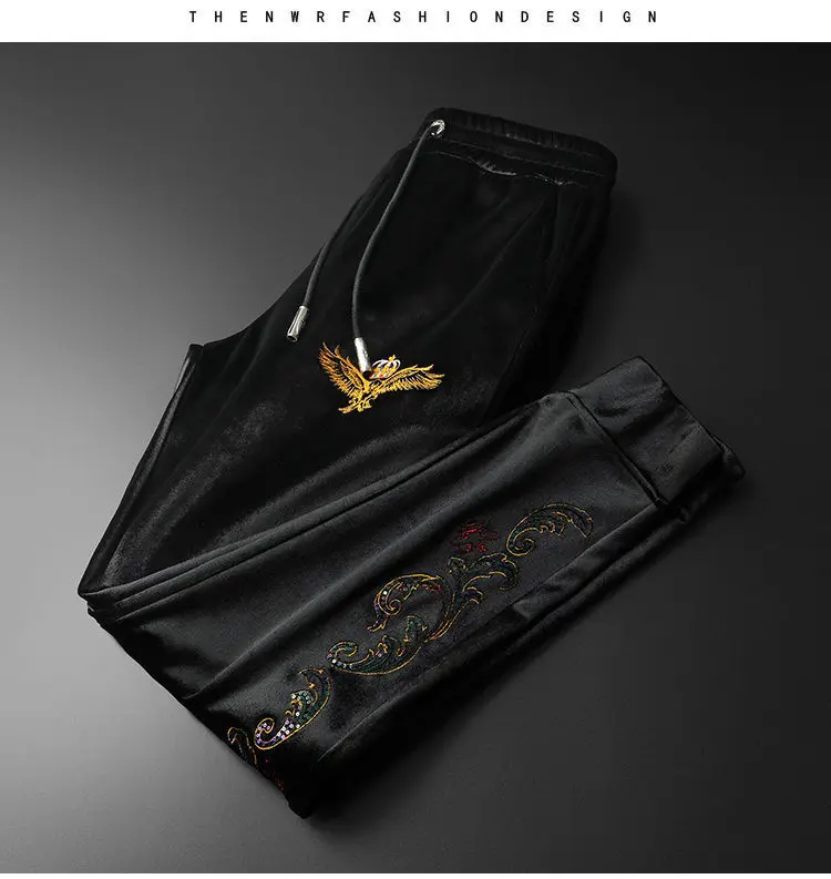 

velvet casual sports suit men's Chinese embroidery winter trend handsome plus velvet thickened round neck sweater pants tide set