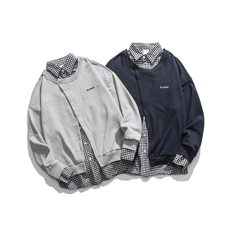 

2021autumn Fashion Korean Fake Two Sweatshirts Pullover Plaid Pattern Oversized Hoodies Women Harajuku Jacket Couples Matching