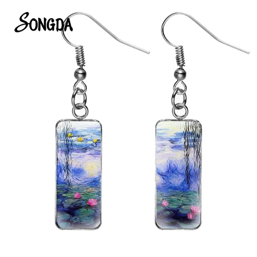 

Retro Monet Water Lily Oil Painting Dangle Earrings Handmade Art Picture Glass Cabochon Rectangle Fish Hook Earrings Pendientes