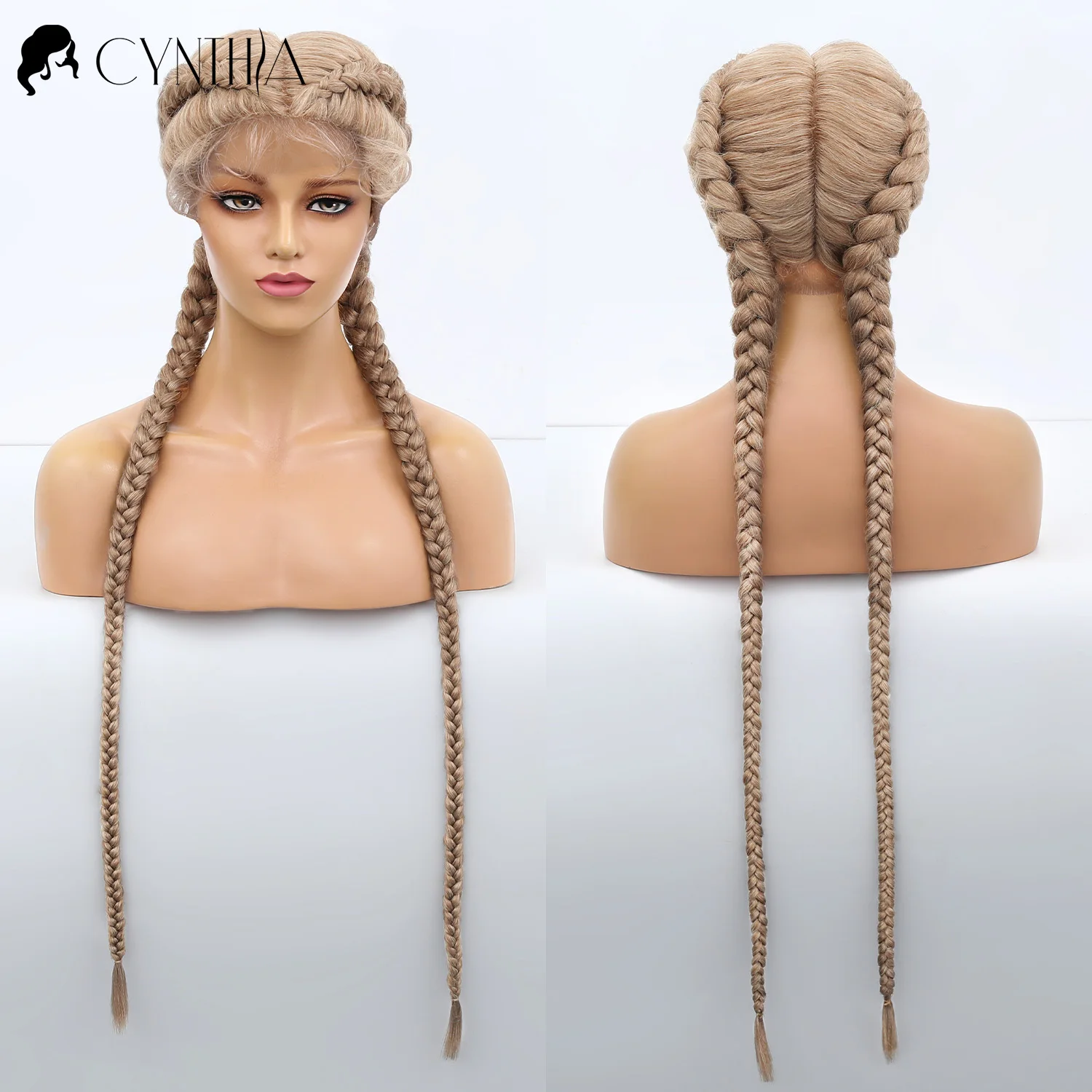 Braided Lace Front Wig Synthetic Wigs For Black Women Brown Ombre 36 Inch Long Dutch Twins Braids with Baby Hair 360 Lace Fronta