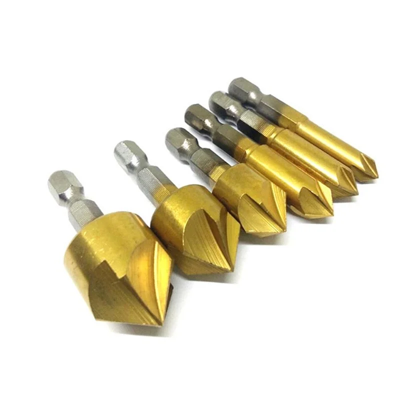 

6pcs 5 Flutes Countersink Chamfer Drill Bit 1/4 Inch Hex Shank Coated Woodworking Core Power Tool Accessories Pocket Hole