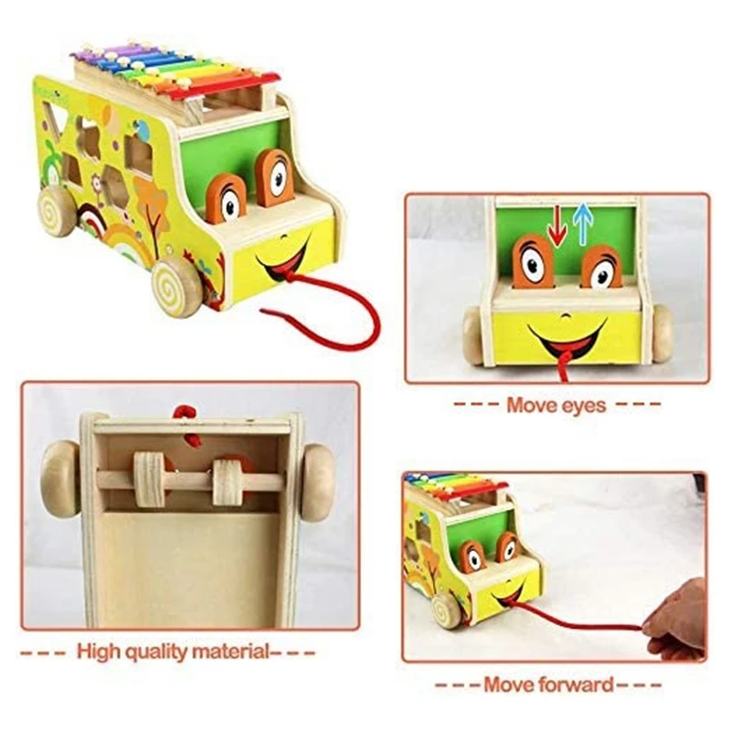 

Wooden Toys Pull Bus for Kids with Music Keyboard Xylophone Shape Sorting Toddler Educational Learning Toy Game