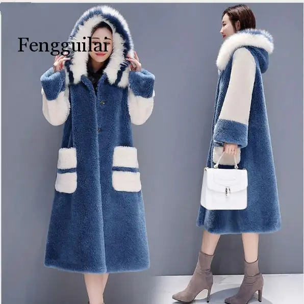 Winter Faux Fur Coat Women New Korean  Fashion Elegant Overcoat Splice Thick Warm Fur Lamb Hair Long Coat Womens