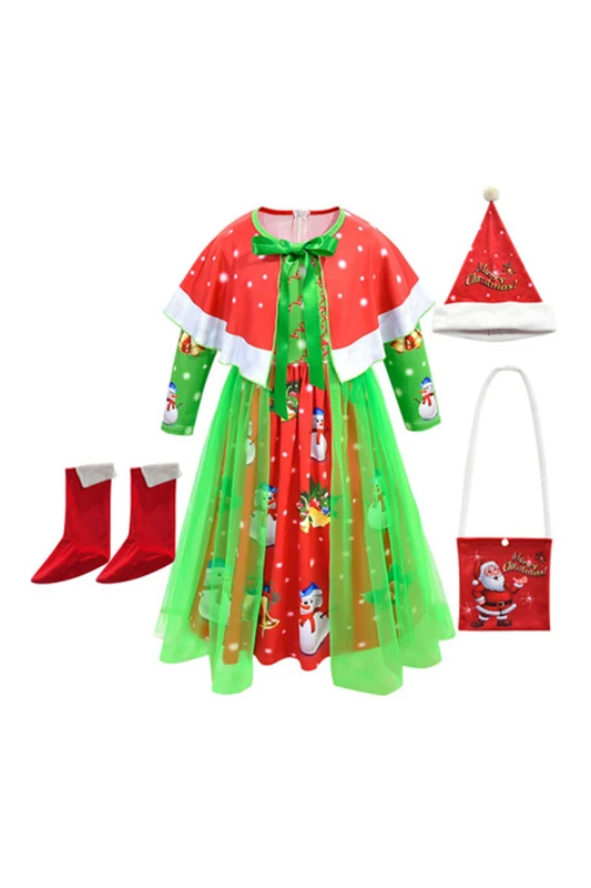 

Girls Christmas Costume Festival Santa Clause For Girls New Year Chilren Clothing Fancy Dress Xmas Party Dress Shoes Hat Bag Set