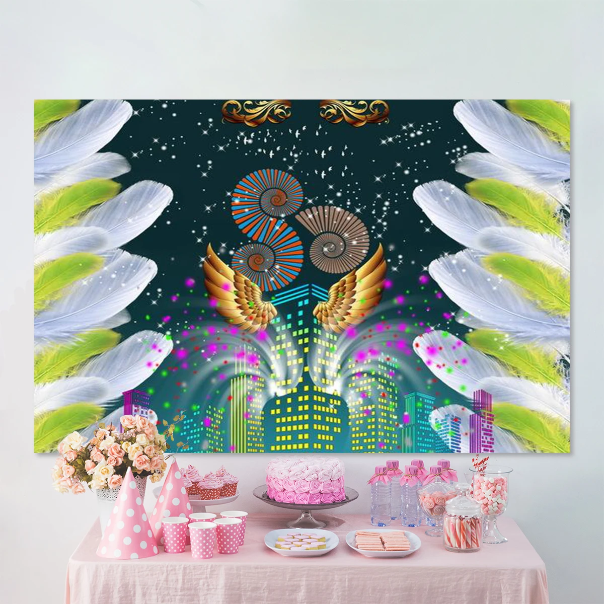 Задний фон с ангелом-хранителем и золотыми крыльями ночного города декорация для