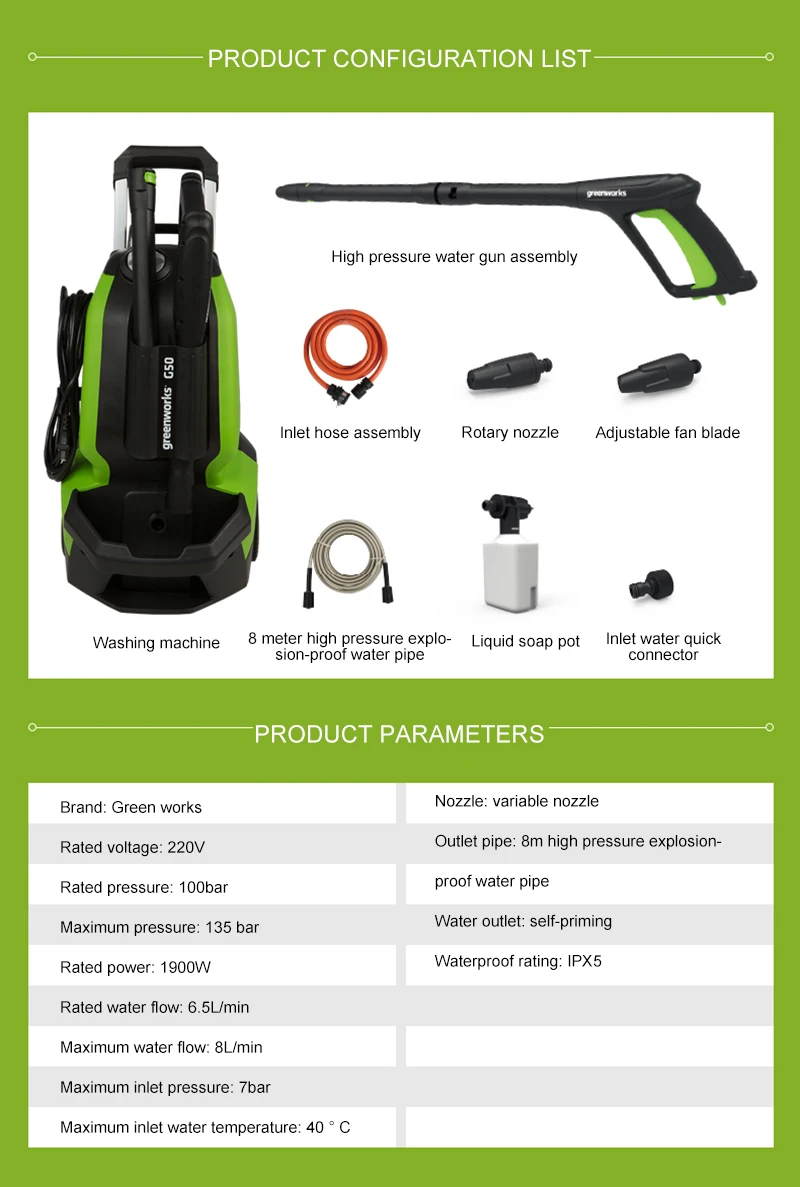 Портативная Электрическая Мойка под давлением Greenworks G50 220 В 1900 Вт, моющая струя высокого давления для мытья автомобиля