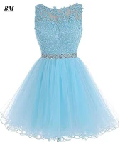 newest blue short homecoming dresses 2019 beading tulle graduation cocktail formal prom party gown vestido de formatura bm73