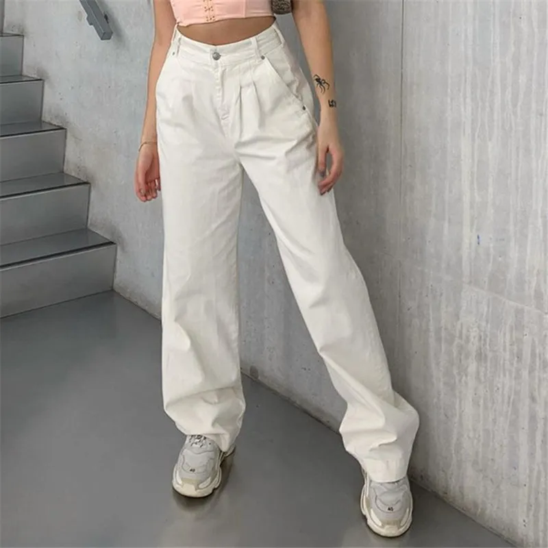 

2021 Streetwear Sweetown Korean Fashion Style White Straight Pants for Women Casual High Waist Basic Loose Female Trousers