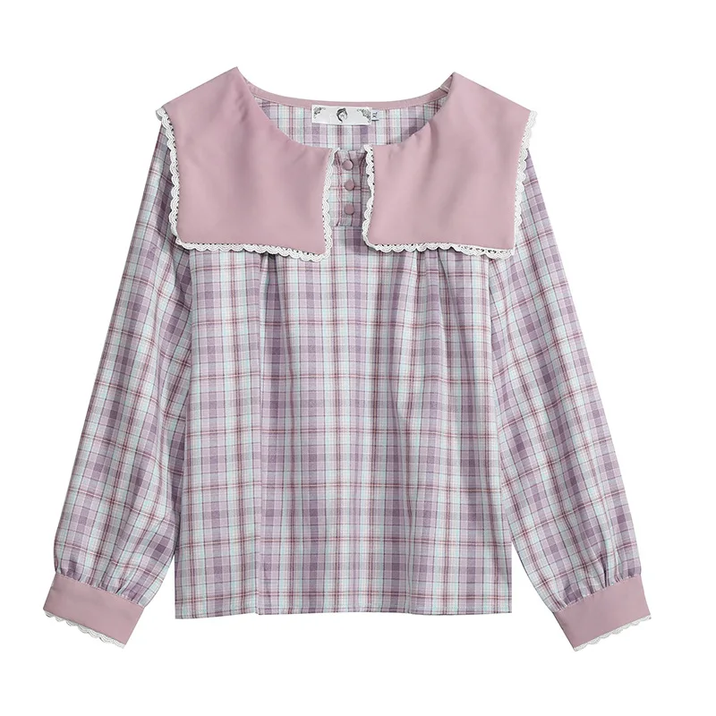 

21 spring and autumn new big yards of French sweet vintage doll collar blouse plaid shirt blouse women plus size clothes