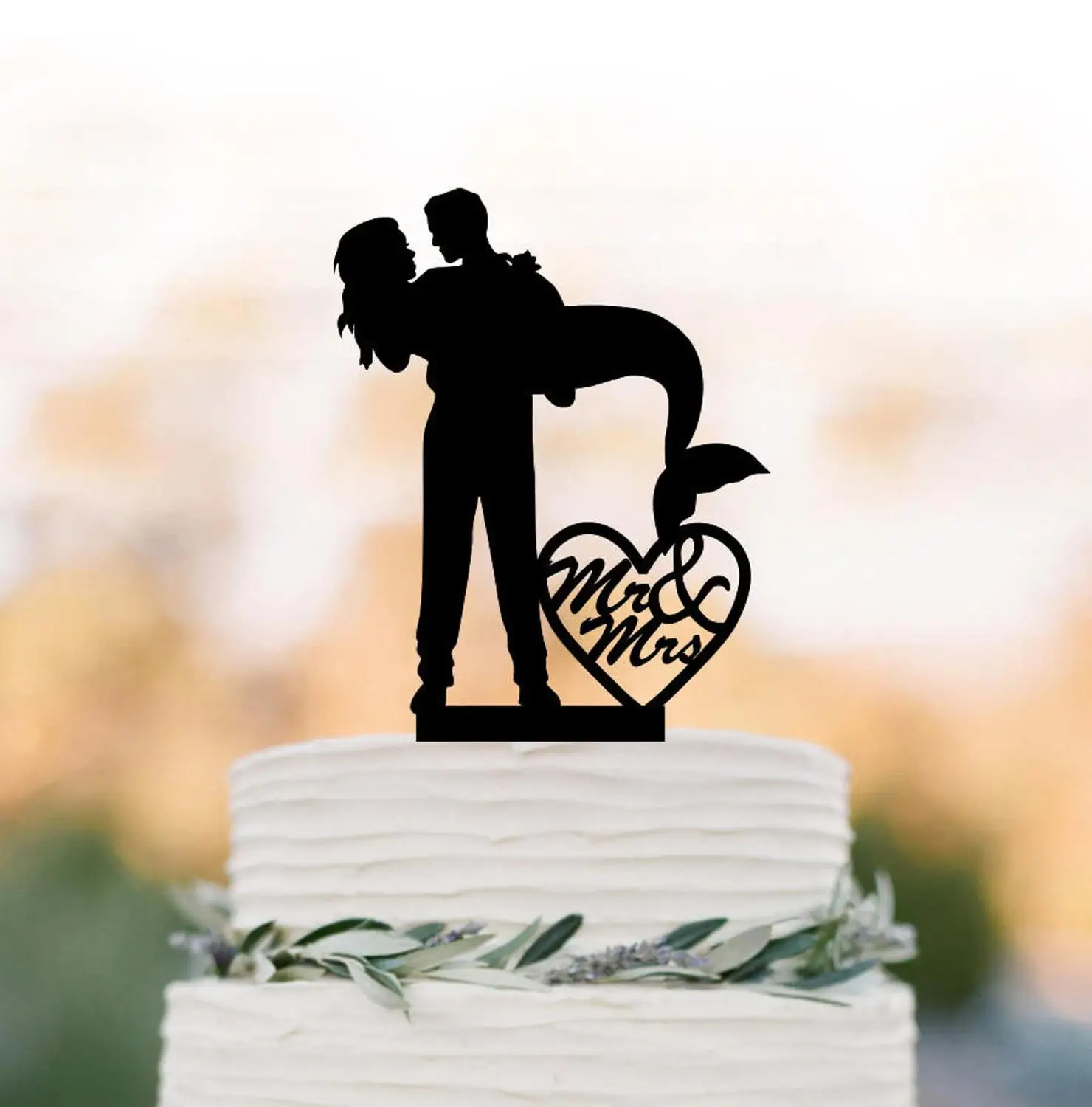 Mr and mrs в форме сердца свадебный торт Топпер силуэт русалки с именем под заказ