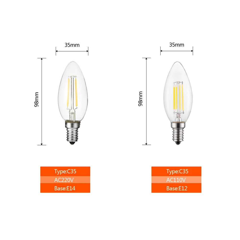 E14 Led Bulb 220v 240v 110v E12 2W 4W 6W C35 Candle Light Bulb Retro Edison Filament Lamp Chandelier Lighting Blub Home Decor