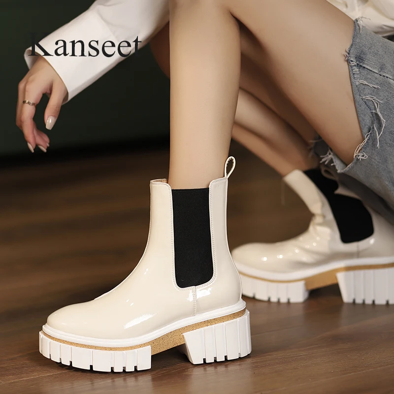 

Kanseet Women Ankle Boots 2021 Autumn Winter New Cow Patent Leather Handmade Chunky Heel Round Toe Platform Female Short Boots