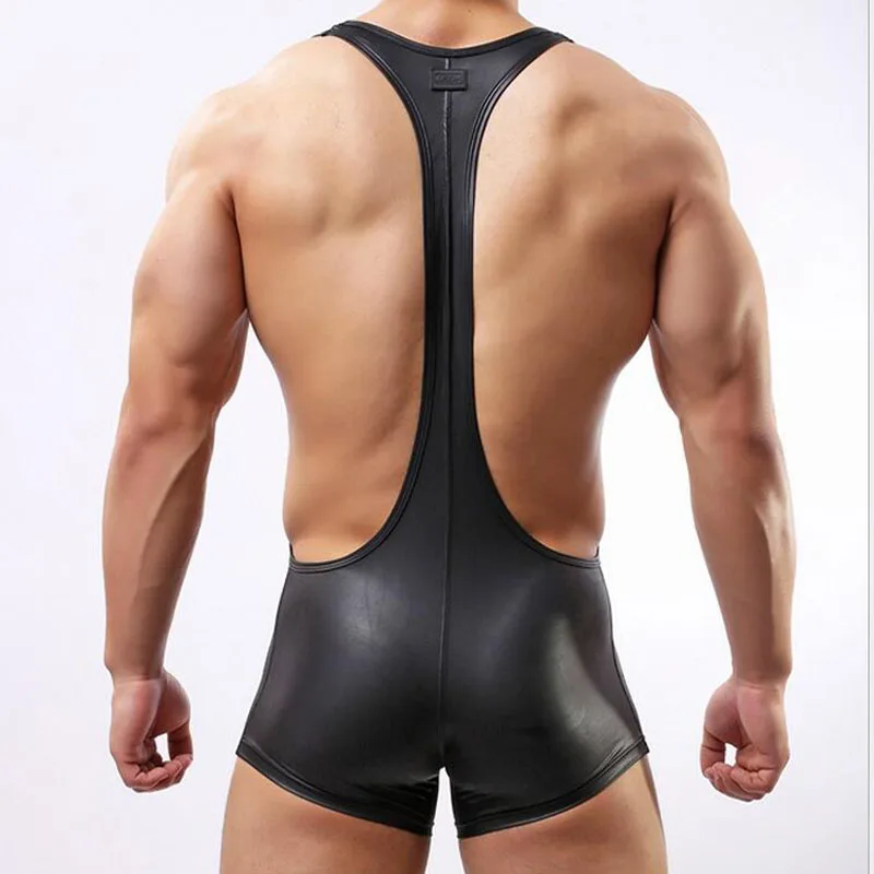 

Men's Sexy Undershirt Men Bodysuit Body Man Jumpsuit Wresting Undershirts Tight Shaper Patent Leather Exotic Club Jumpsuit