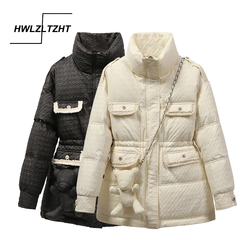 

Модная пушистая куртка HWLZLTZHT, женское однотонное зимнее пальто средней длины, Женская парка на 90% утином пуху с воротником-стойкой и кулиско...