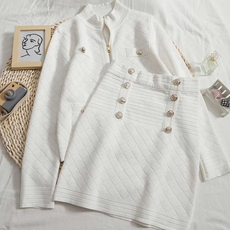 

Autumn 2021 slim pocket cardigan jacket coat + double-breasted A-line hip skirt knitted two-piece female