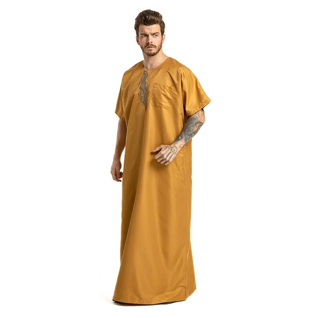 

Arab Muslim Clothing Men Jubah Thobe Ethnic Robes Short Sleeve Islamic Pakistan Middle East Eid Maxi Dress Kaftan Saudi Ramadan