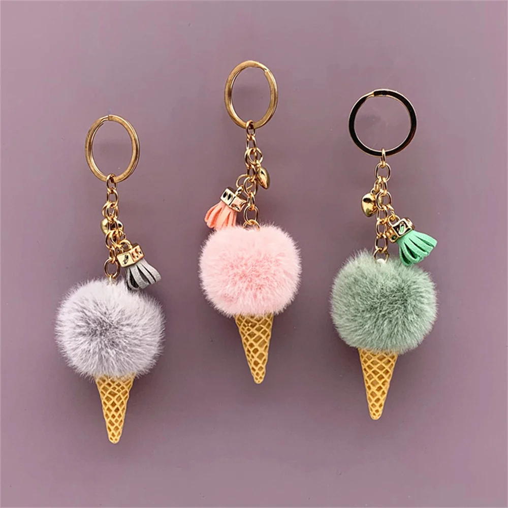 

Faux Fur Ice Cream Pendant Keychain Cute Cartoon Keychain Plush Furry Bags Hang Cone Car Key Chain Keyring Creative Gift 2022