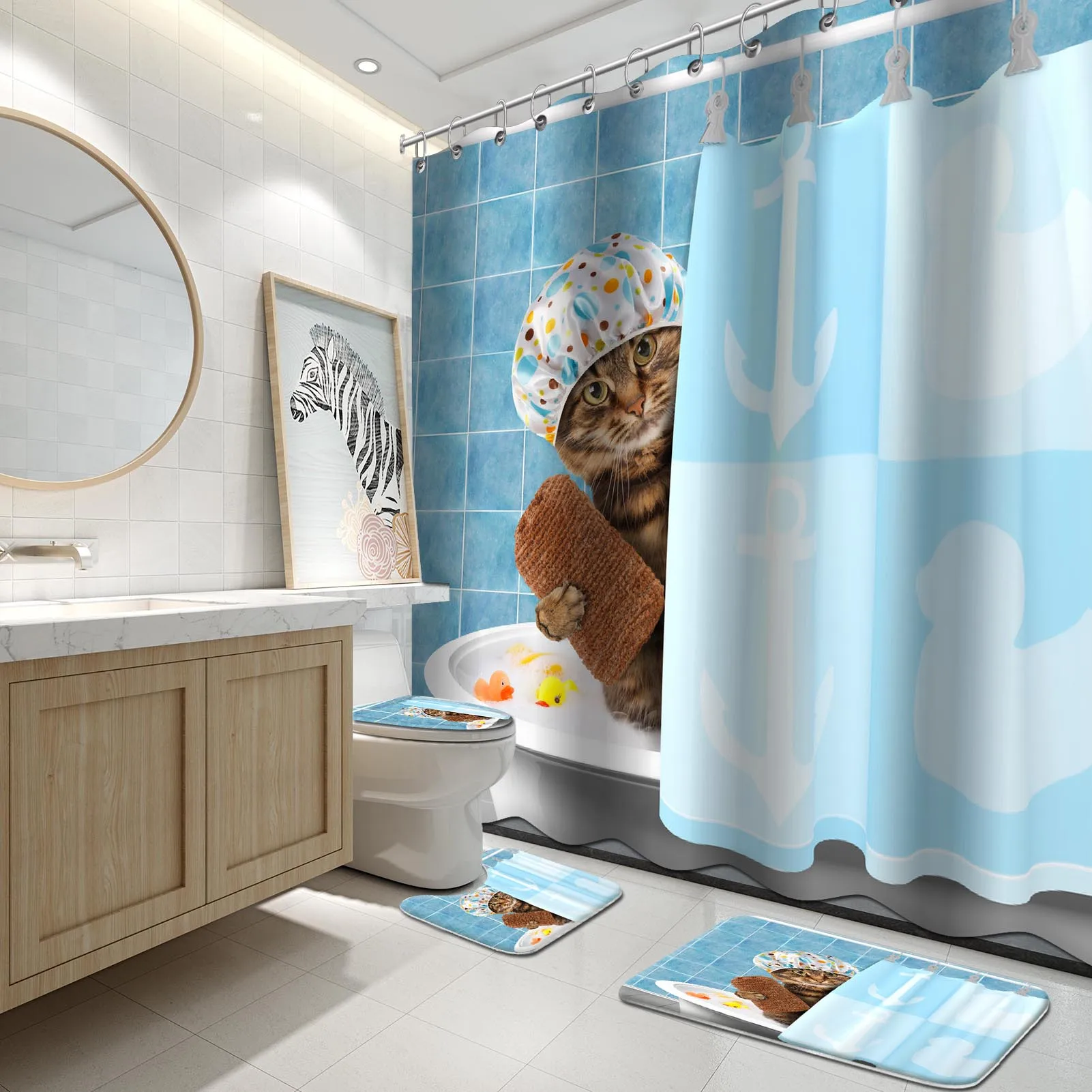 

4PCS Funny Cat Shower Curtain Set Fabric Kitten Yellow Rubber Duck Head Wrapped Bath Towel Decor Fabric Polyester 72"W x 72"H