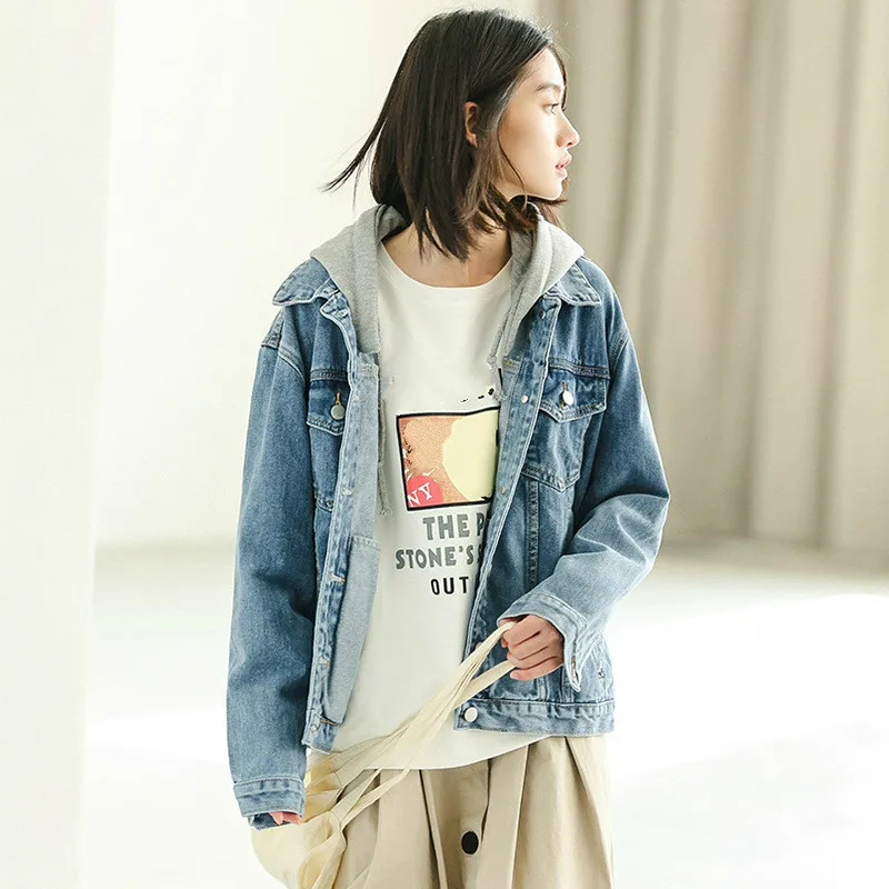 Женская джинсовая куртка с капюшоном винтажная Свободная в Корейском стиле
