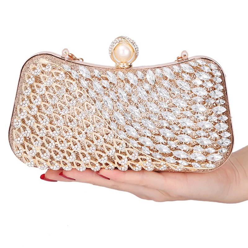 

Hollow Out Gold Metal Rhinestone Women Clutch Bag Designer Long Chain Peacock Evening Bags Elegant Lady Diamond Crystal Purse