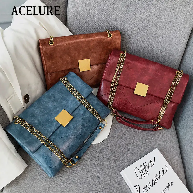 

ACELURE High Capacity Shoulder Crossbosy Bag for Women Solid Soft PU Leather Bags Lager Metal Chain Messenger Bag DropShipping