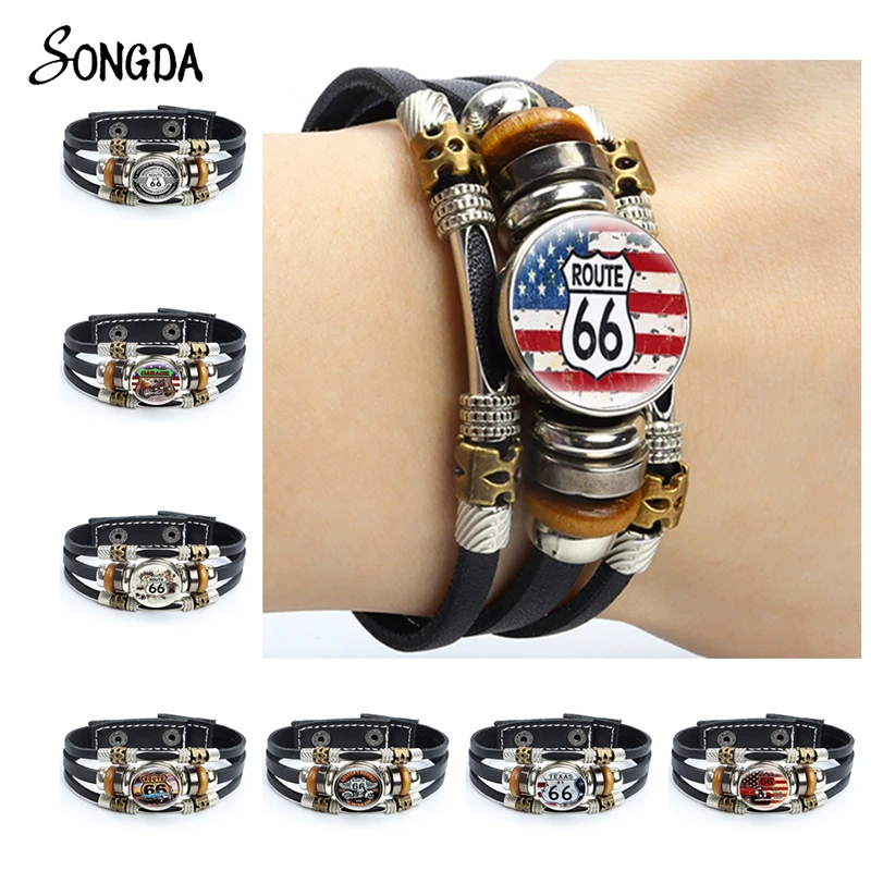 

Classic US Route 66 Leather Bracelets Old-fashion Signs US Route 66 Multilayer Braided Bracelets Bangles Handmade Jewelry Gifts