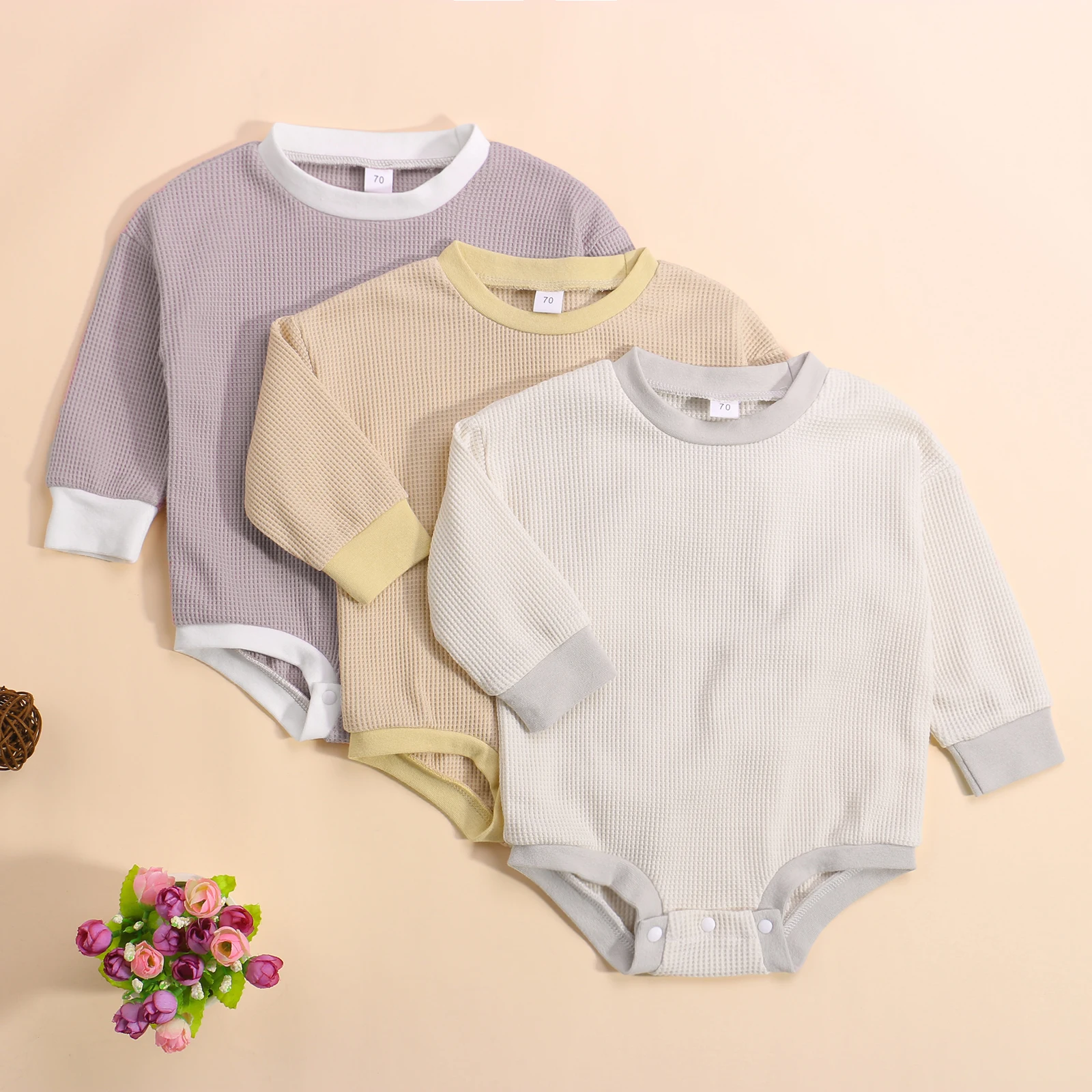 

Baby Spring Clothing Autumn Rompers Splicing Color O-Neck Long-Sleeves Jumpsuit with Buttons for Toddlers Girls Boys 0-24 Months