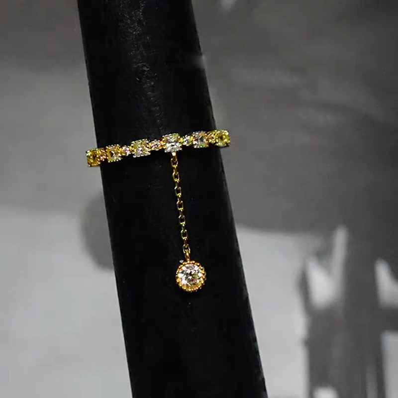 Изысканное тонкое Кристальное желтое Золотое кольцо с подвеской круглая цепочка