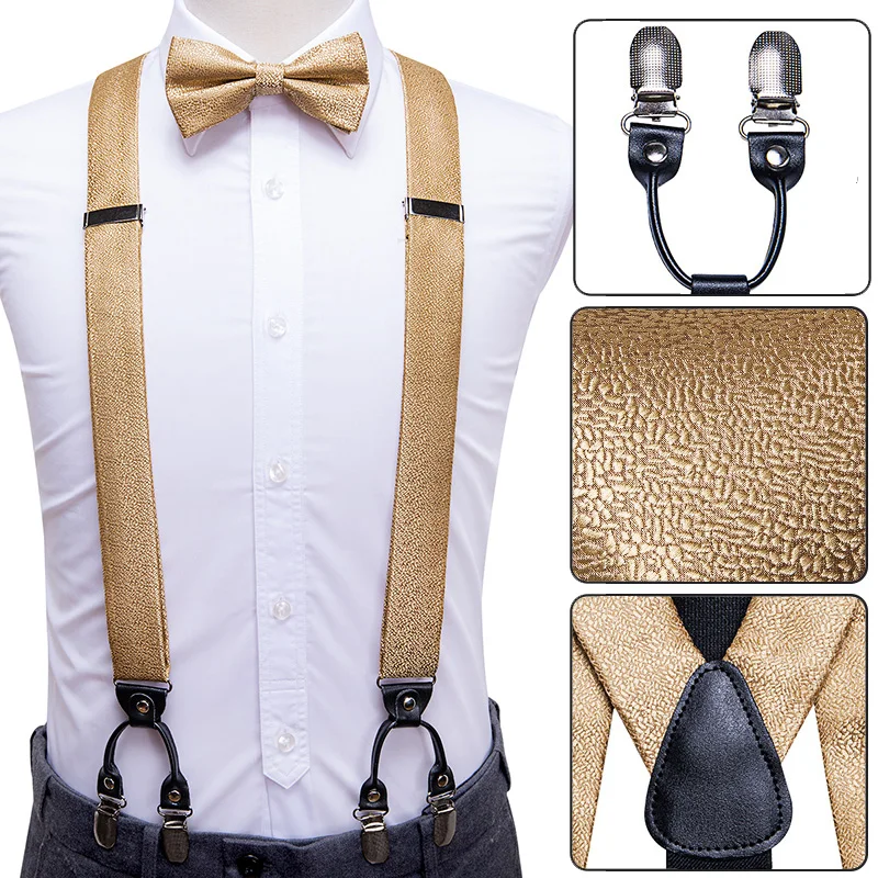 

Hi-Tie/роскошный мужской комплект на подтяжках, модные кожаные подтяжки, эластичные 6 зажимов, подтяжки и галстук-бабочка для взрослых, Свадебн...