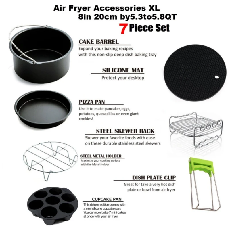 

Air Fryer Accessory Set, Suitable for Phillips 5.2-5.8QT, 7-Piece Cake Basket, Pizza Tray, Double Grill