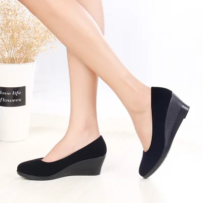 

Casual Black Shoes Wedge Women's Shoes Spring Autumn Flock Soft Women Pumps Slip on