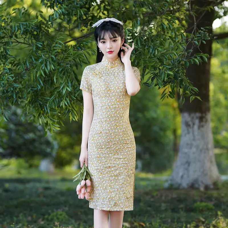 Женское шифоновое платье-Ципао с цветочной вышивкой на пуговицах | Тематическая