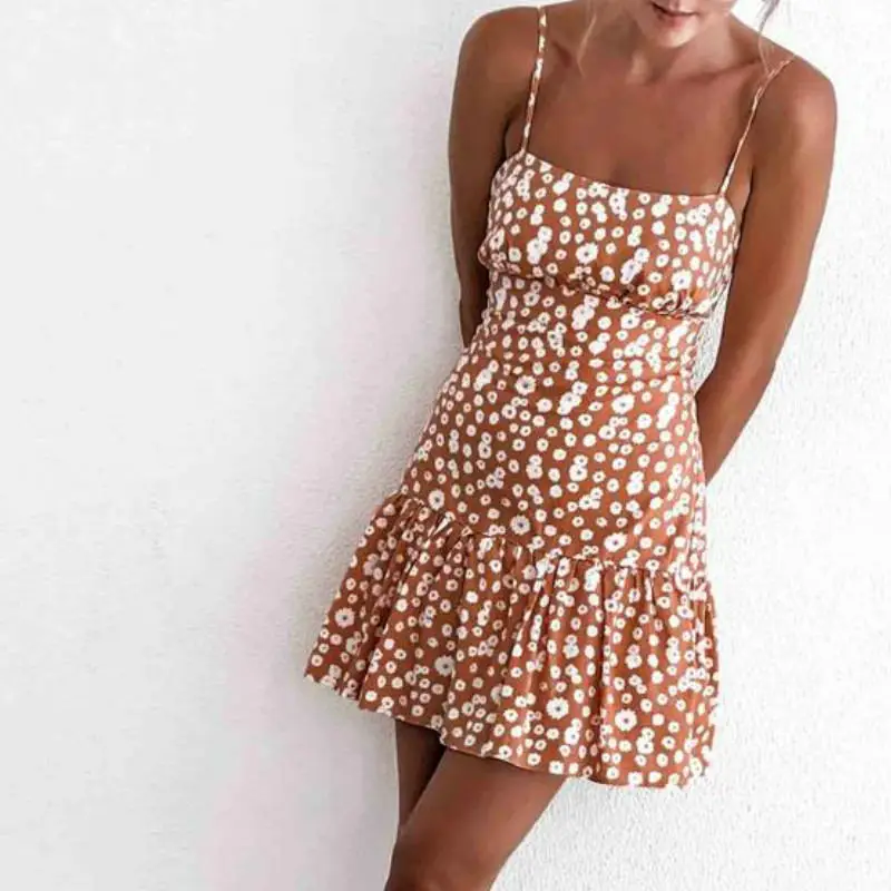 

Boho Floral Printed Ruffled Dress 2020 Summer European and American Knotted Mini Dress Fashion Spaghetti Strap A-Line Slip Dress