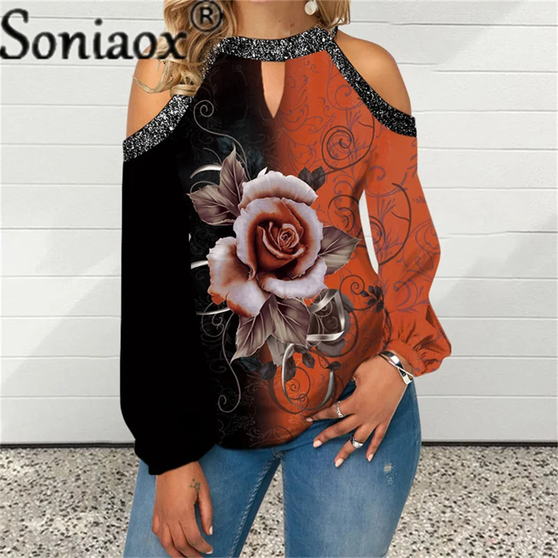 

Women Halter Neck Button Silver-Trim Off-Shoulder Top For Spring Autumn Splice Long Sleeve Loose Casual Print Pullover T-Shirt