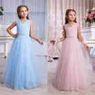 Светильник-голубые и розовые платья для маленьких девочек, официальная одежда для праздника, плиссированные длинные платья подружки невесты с V-образным вырезом и милыми цветами, 2019