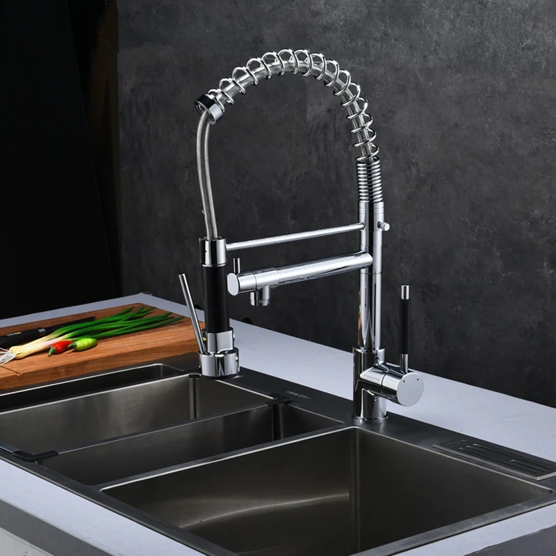 Хромированный кухонный смеситель с пружинным выдвижным краном 2 выпускных
