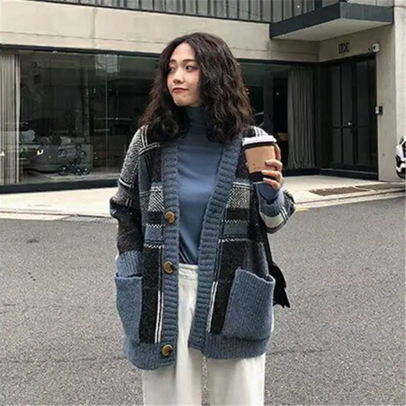 

Cardigans Women Button Black Houndstooth Cardigan 2020 Long Sleeve Sweater Autumn Winter Knitted Loose Overd Jumper Casual