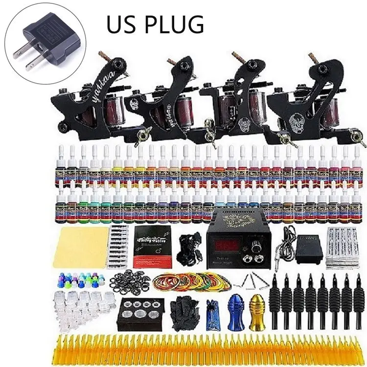 US Plug Профессиональный набор для татуировок 4 Татто машины 10 катушечный пистолет Электропитание педаль игла для чернил наконечник Рукоятка аксессуары набор тату художников - Цвет: US Plug