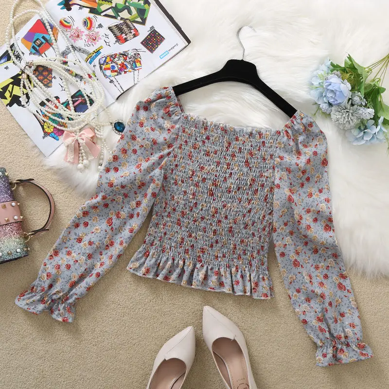 

Blouse Women Retro Sexy Print Square Collar Chiffon Shirt Long Sleeve Women off-Shoulder Top Blusas Ropa De Mujer