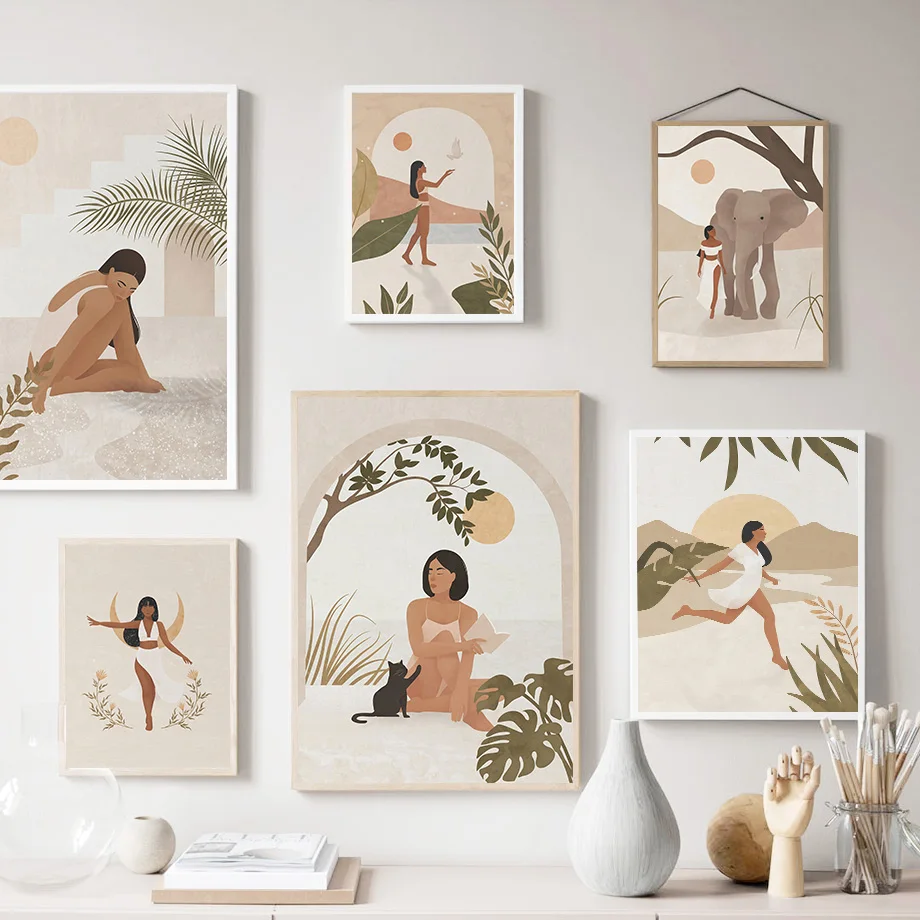 

African Women Lady Elephant Scandinavian Boho Wall Art Canvas Painting Nordic Posters And Prints Pictures For Living Room Decor
