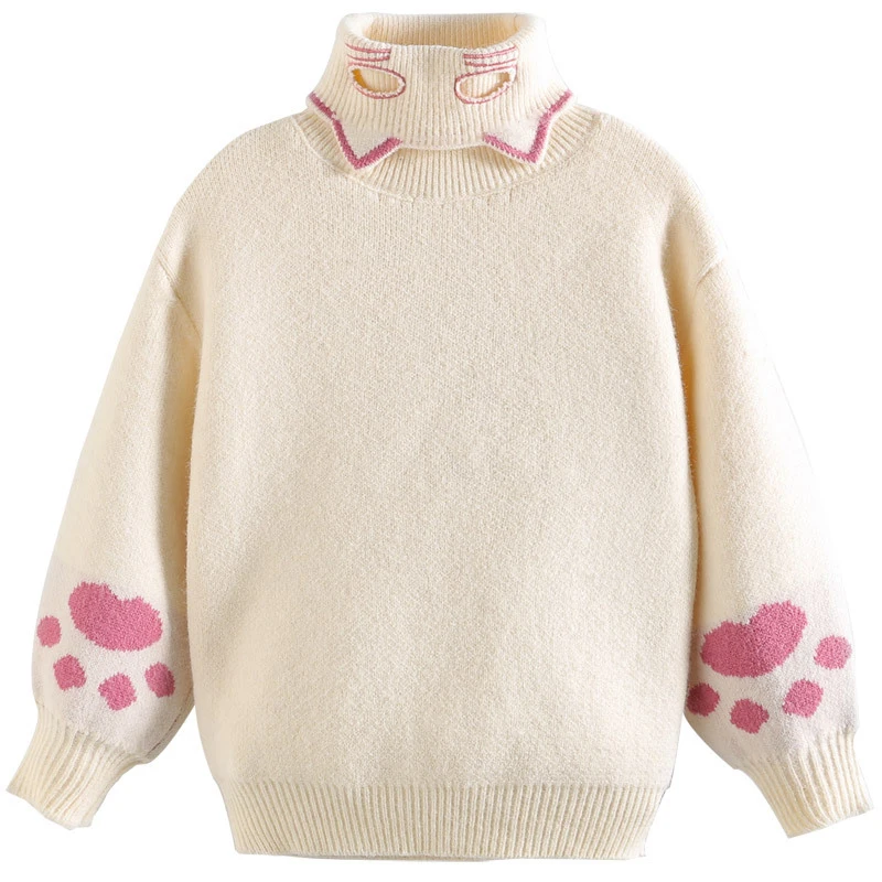 

Sweet Lolita Cat Embroidered Loose Turtleneck Sweater Women's Knitwear Coat Japanese Kawaii Ulzzang Female Harajuku Pullovers