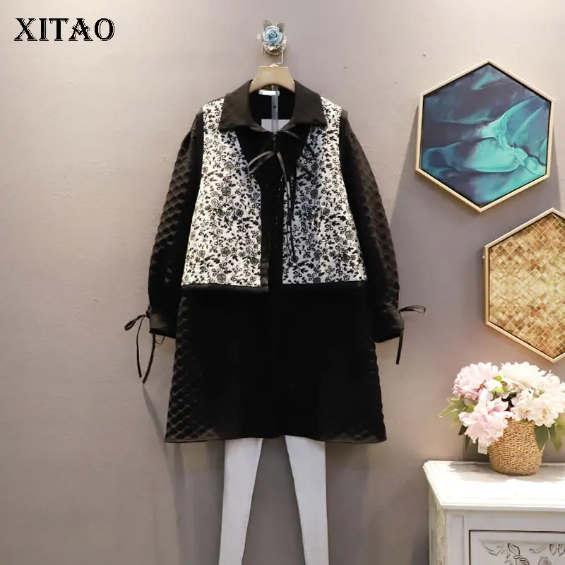 

XITAO осеннее Новое Бандажное платье-рубашка модное контрастное цветное платье с цветочным принтом в стиле пэчворк женское платье с отложным ...