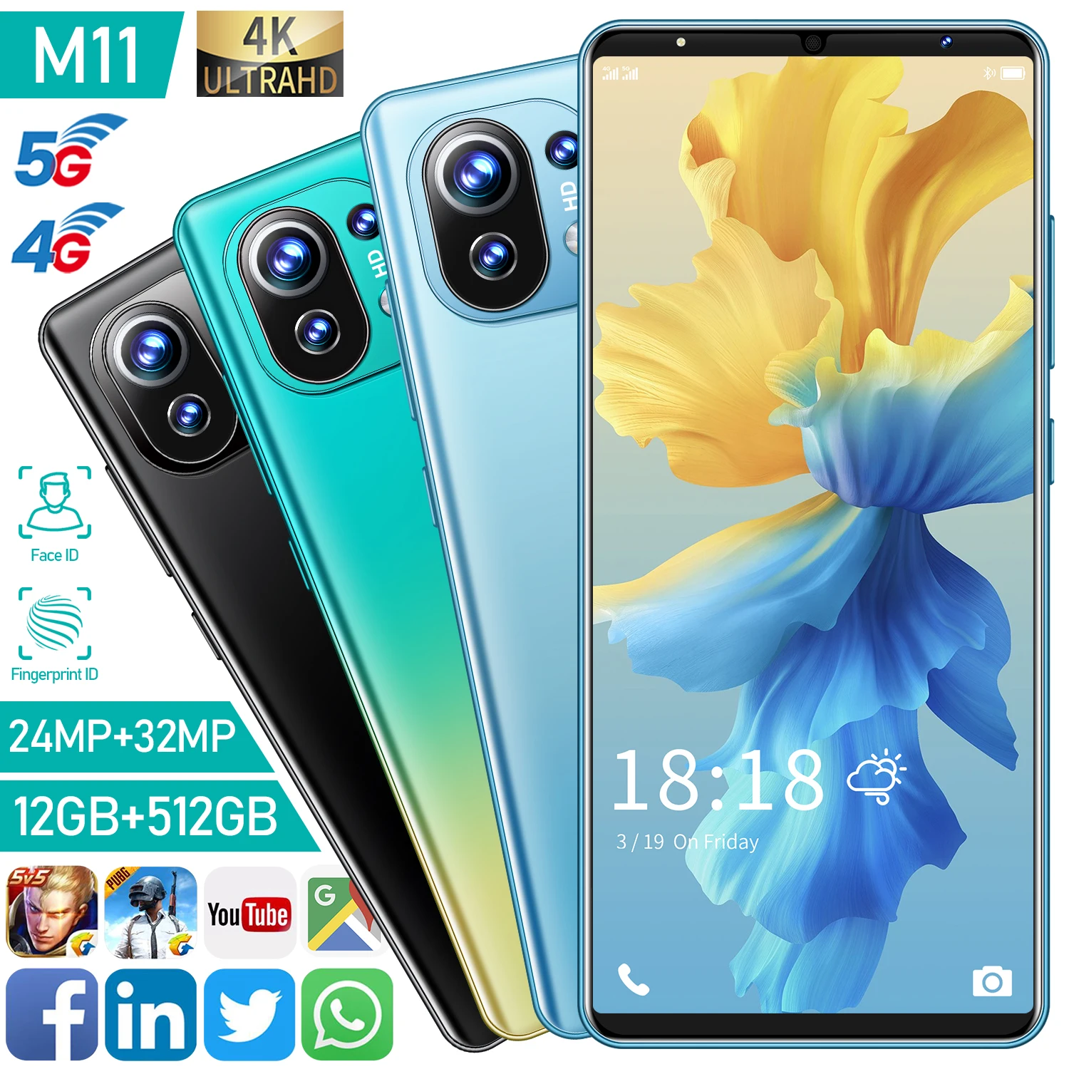 

5G M11 12GB 512GB 24MP 32MP Android 10 Global Version Smartphone 6.1 Inch 10 Core Snapdragon 888 5200MAH Face ID Mobile Phone