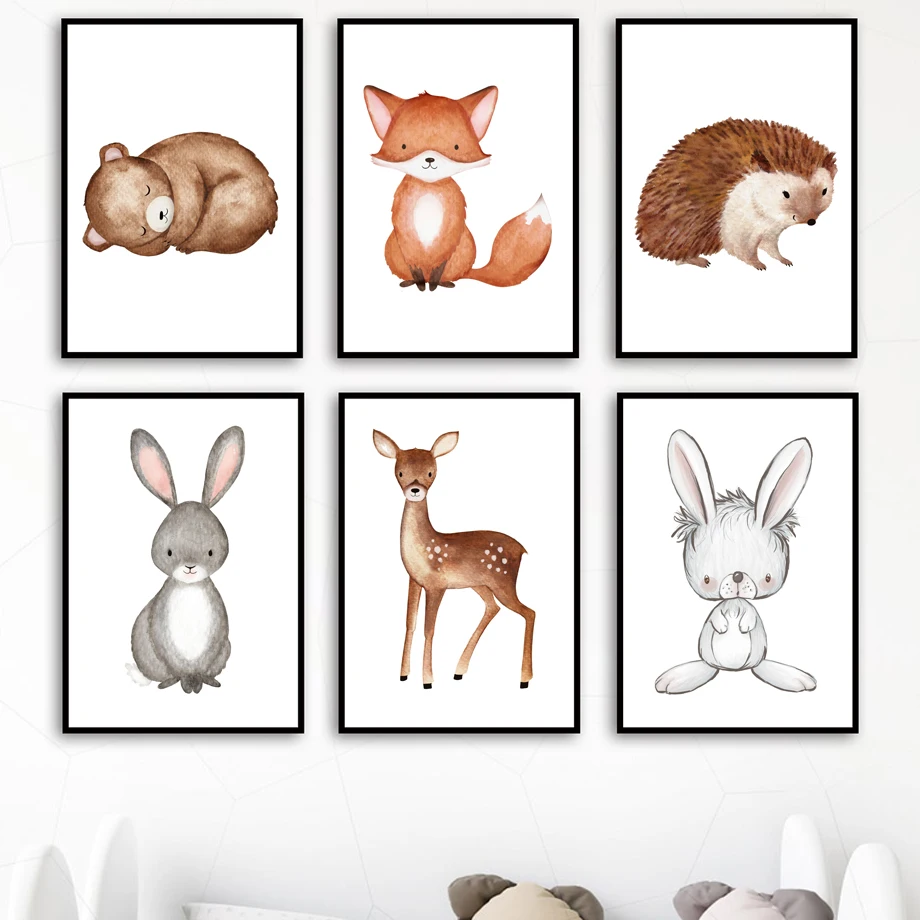 

Cute Bear Rabbit Fox Deer Raccoon Animals Wall Art Canvas Painting Nordic Posters And Prints Wall Pictures Baby Kids Room Decor